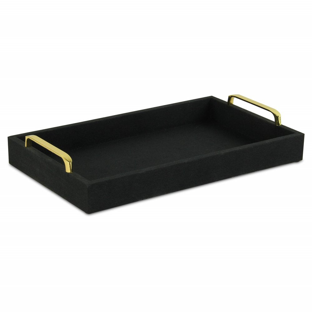 16" Black Wood And Linen Serving Tray With Handles