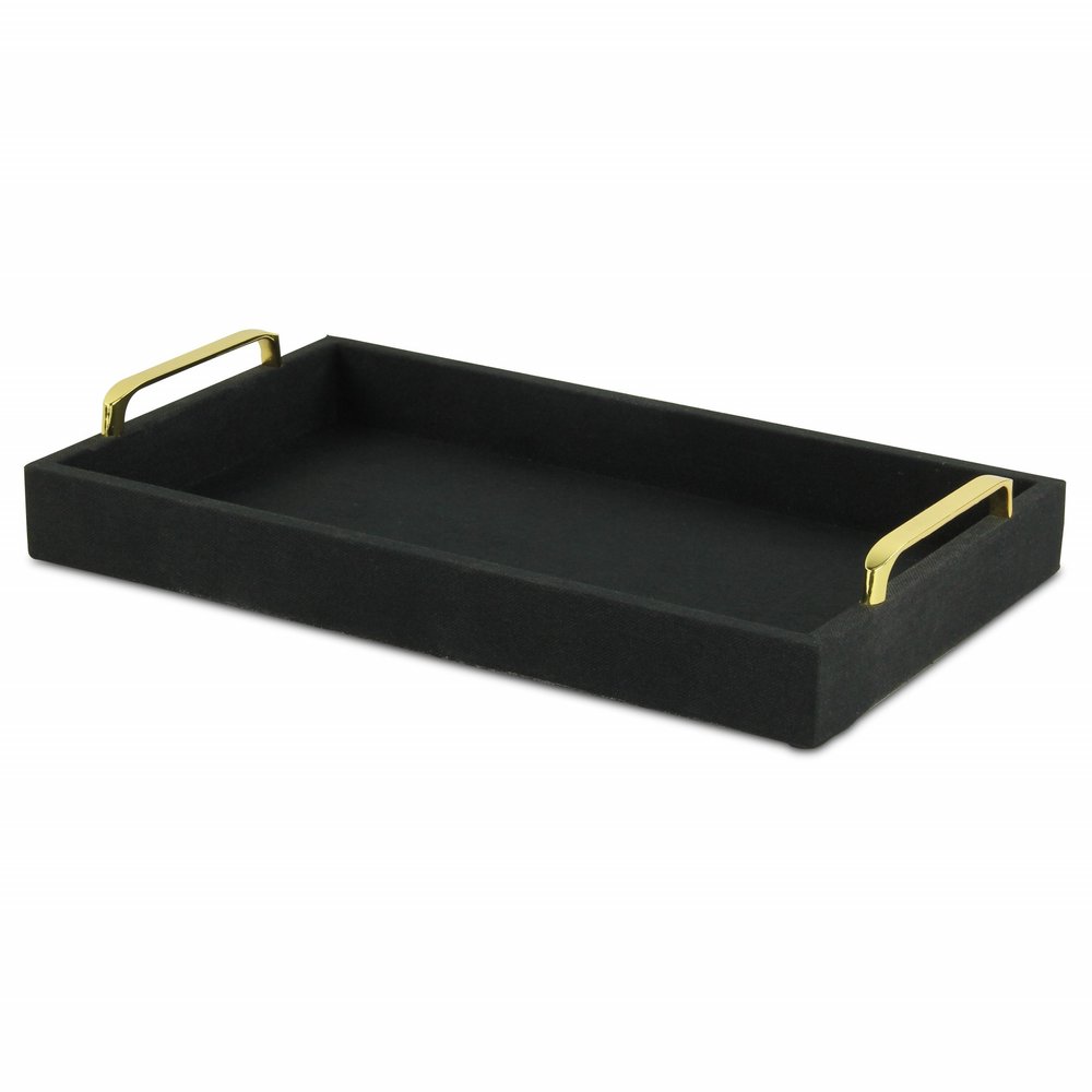 16" Black Wood And Linen Serving Tray With Handles