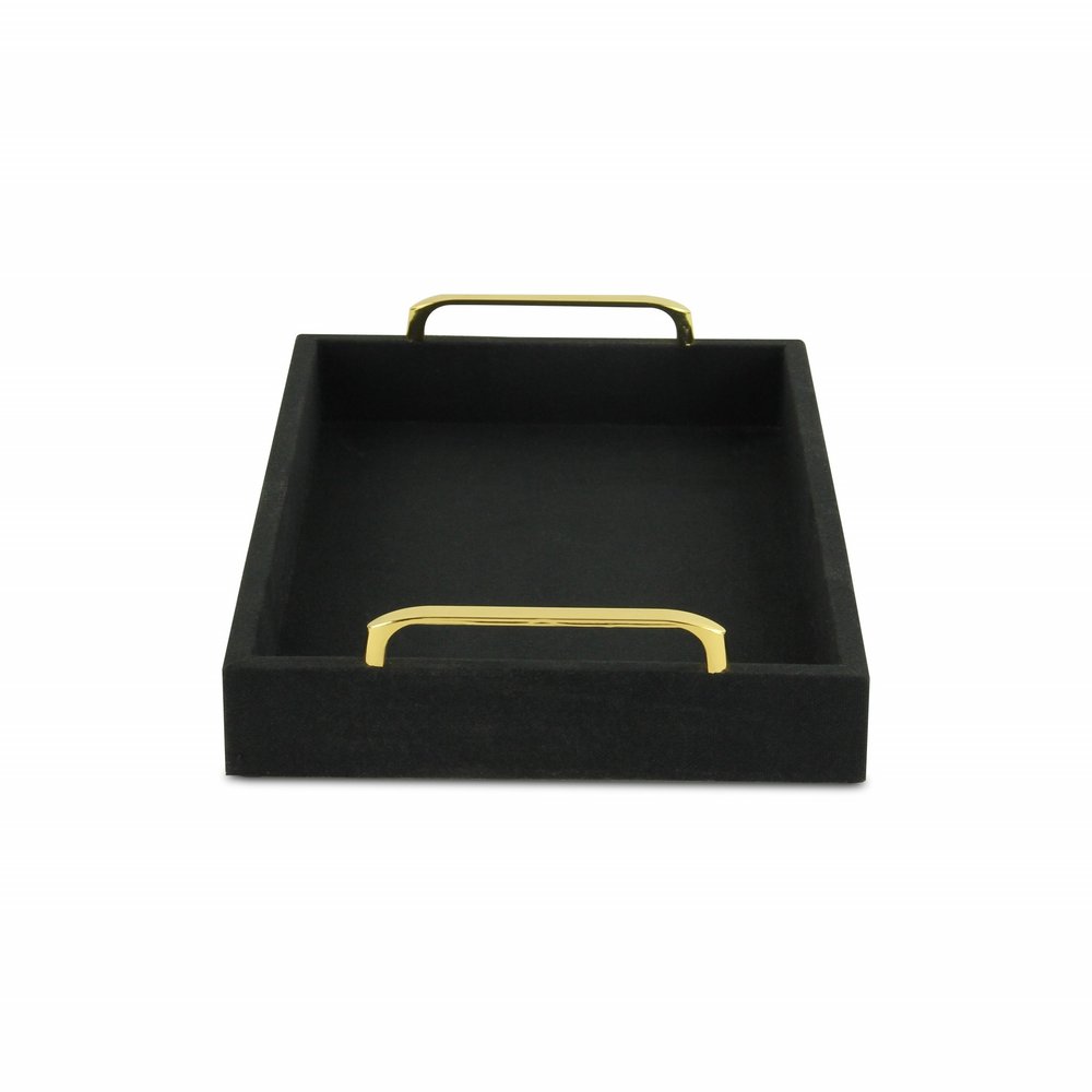 16" Black Wood And Linen Serving Tray With Handles