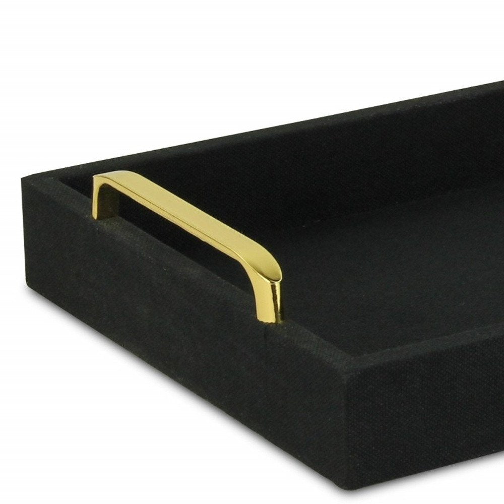 16" Black Wood And Linen Serving Tray With Handles