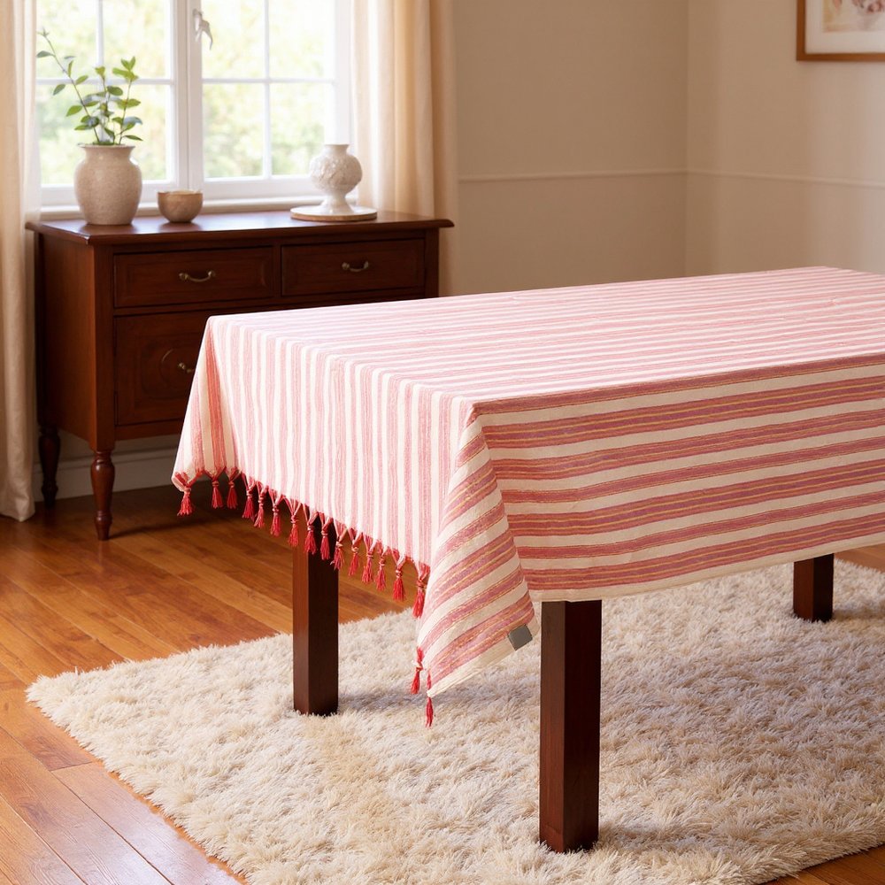 71" X 95" Red And White Striped Cotton Tablecloths
