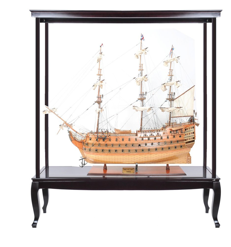 75" Black And Light Brown Solid Wood HMS Victory Boat Tabletop Sculpture With Case