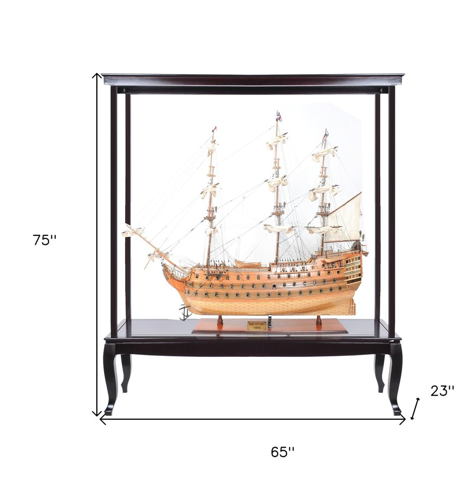75" Black And Light Brown Solid Wood HMS Victory Boat Tabletop Sculpture With Case