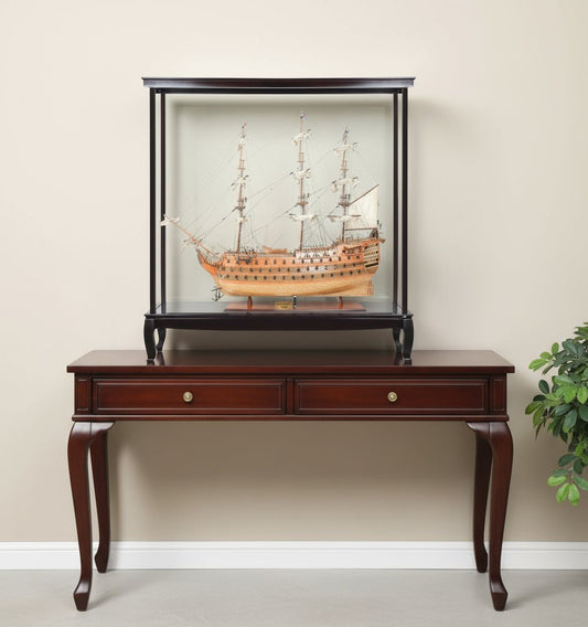 75" Black And Light Brown Solid Wood HMS Victory Boat Tabletop Sculpture With Case