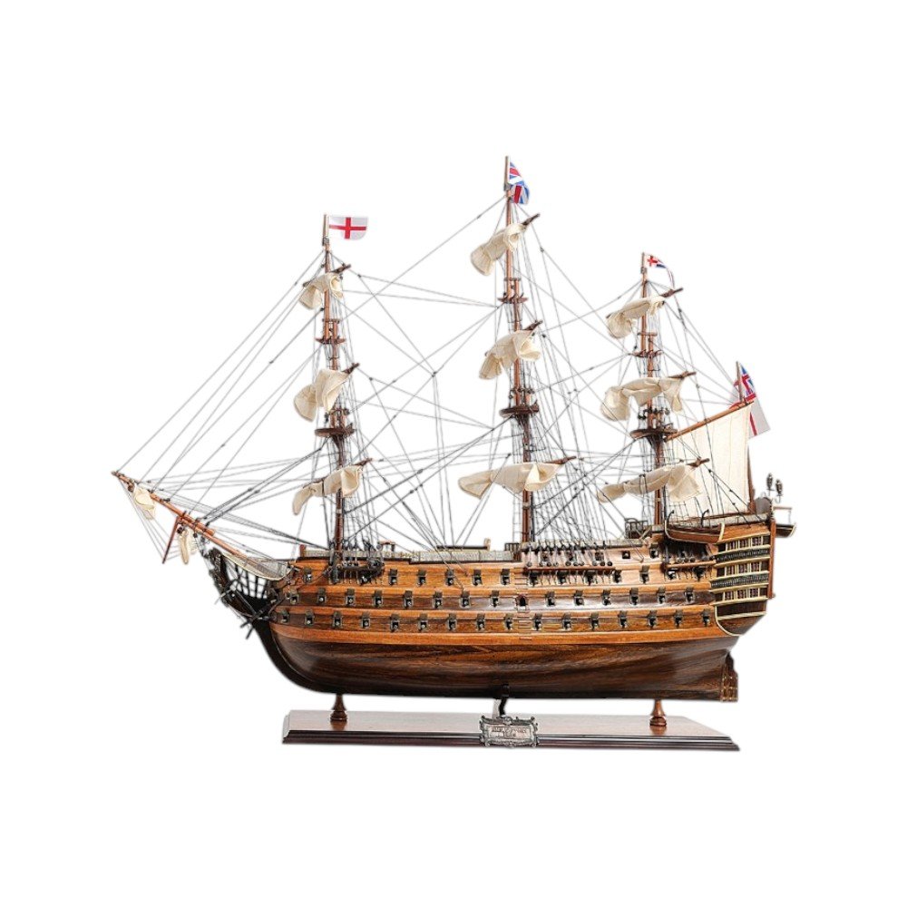 27" Wood Brown Solid Wood Hand Painted Model Boat Tabletop Sculpture