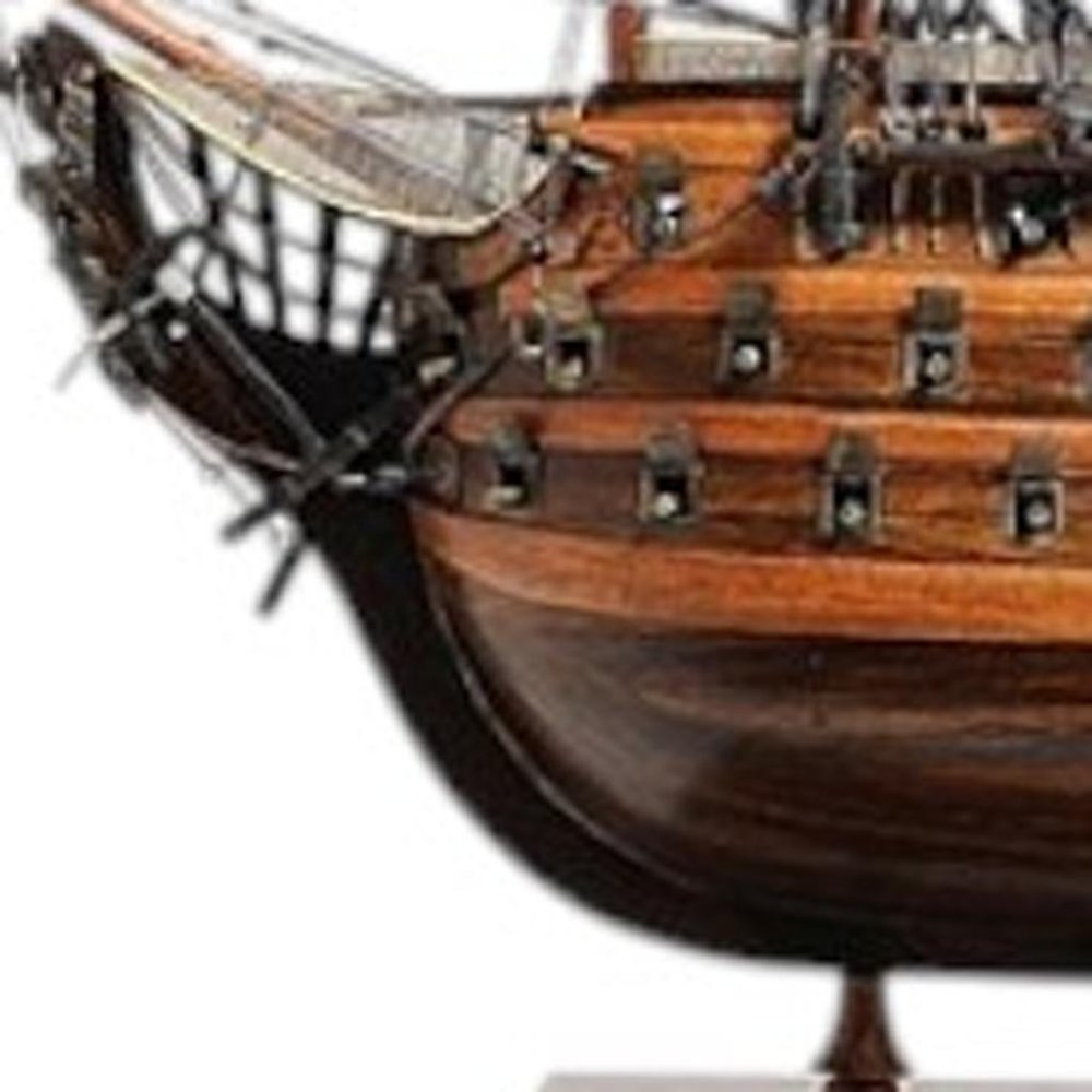 27" Wood Brown Solid Wood Hand Painted Model Boat Tabletop Sculpture
