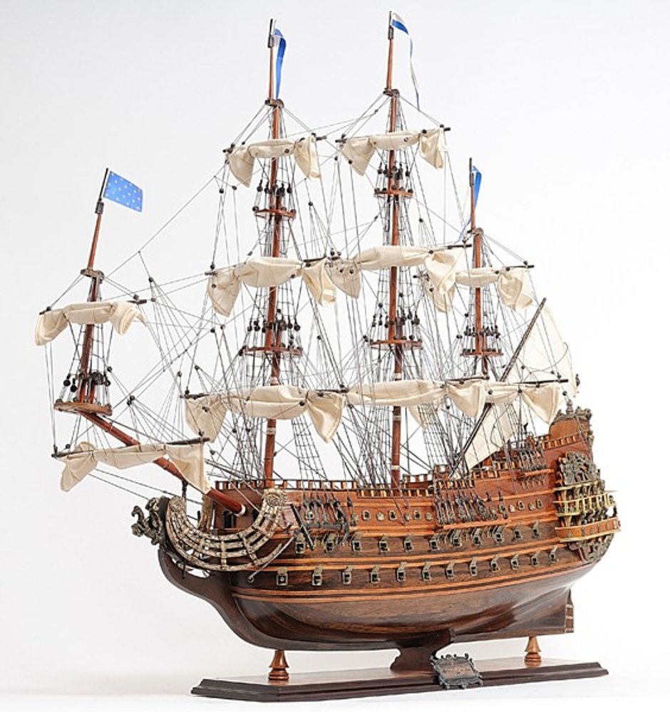 33" Brown Solid Wood Hand Painted Boat Model Boat