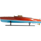 9" Blue and Brown Solid Wood Hand Painted Model Boat Tabletop Sculpture