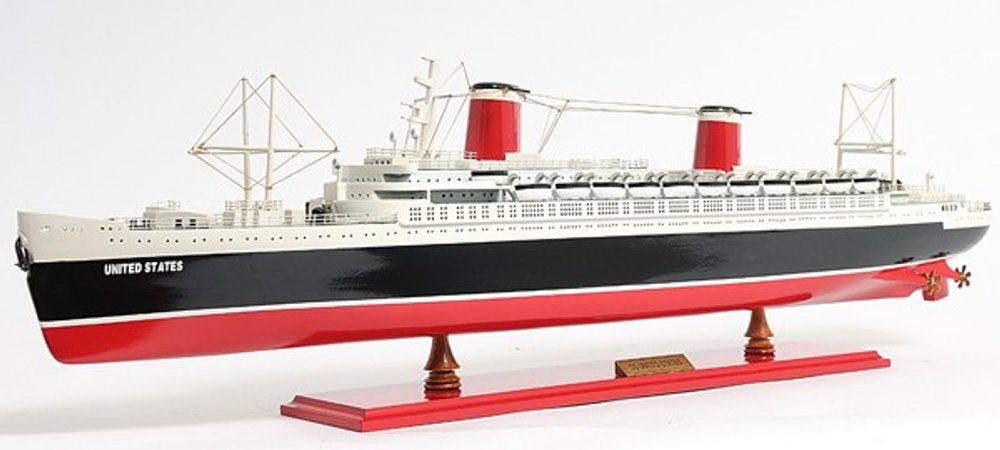 9" Black and Red Solid Wood Hand Painted SS United States 1952 Model Boat