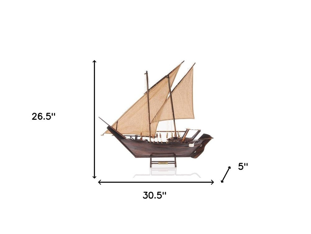 27" Wood Brown Solid Wood Hand Painted Dhow Medium Model Boat