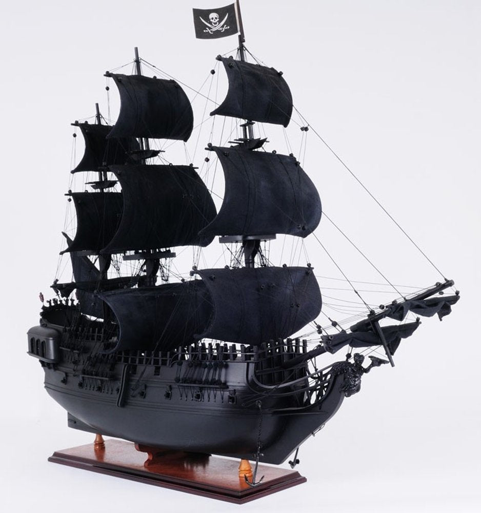 24" Black Solid Wood Hand Painted Model Boat Tabletop Sculpture