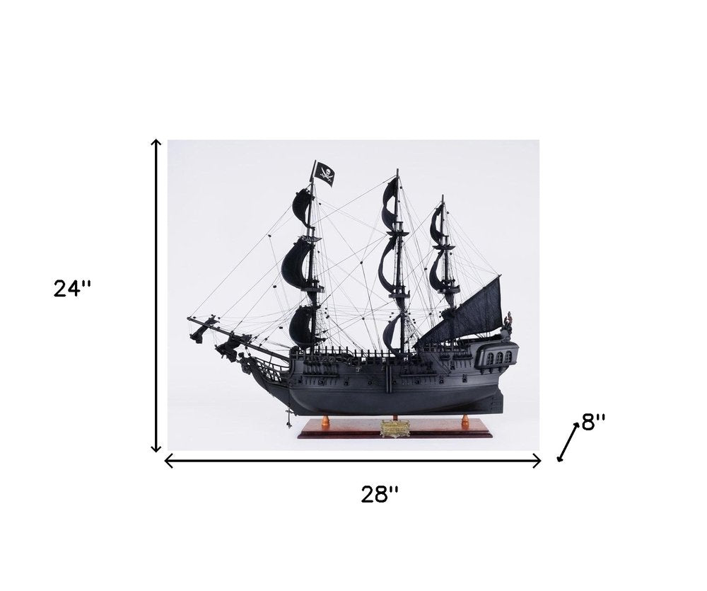 24" Black Solid Wood Hand Painted Model Boat Tabletop Sculpture