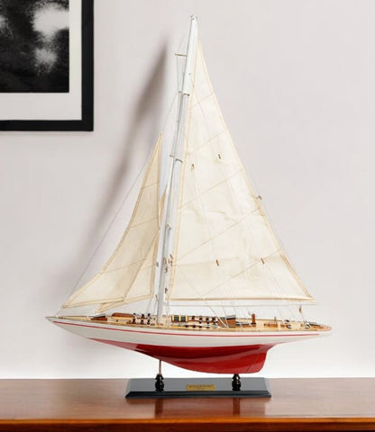 32" Red and White Solid Wood Hand Painted p-Oxybis(benzenesulfonyl hydrazide) Model Boat