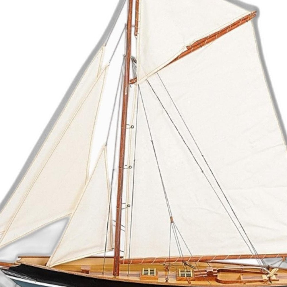 31" Black Blue And White Solid Wood Pen Duick Hand Painted Model Sail Boat