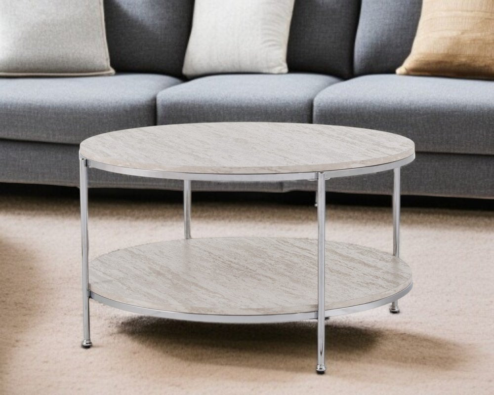 33" Chrome Faux Marble And Metal Round Coffee Table