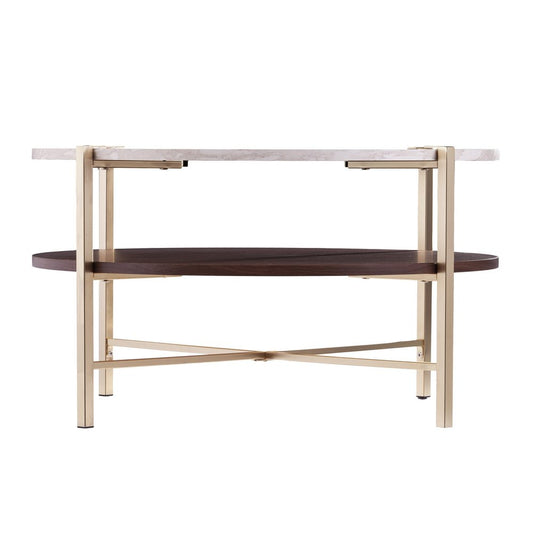 33" Brass Solid Manufactured Wood And Metal Round Coffee Table