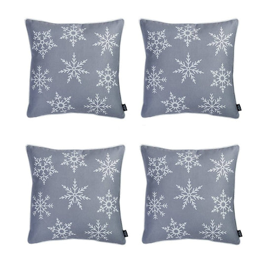 Set of 4 Gray and White Snowflakes Throw Pillows