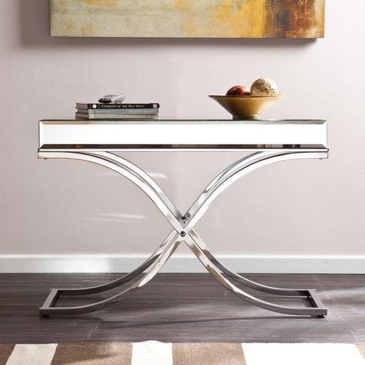 42" Silver Mirrored Glass and Metal Cross Leg Console Table