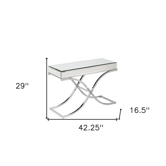 42" Silver Mirrored Glass and Metal Cross Leg Console Table