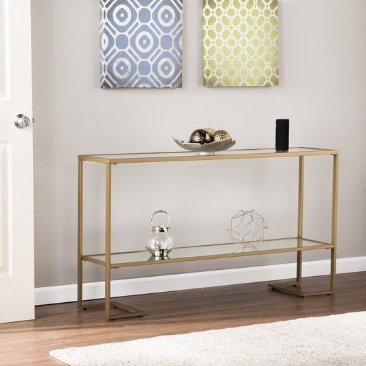 52" Clear and Gold Mirrored Glass and Metal Sled Console Table With Shelf