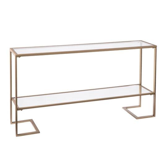 52" Clear and Gold Mirrored Glass and Metal Sled Console Table With Shelf