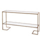 52" Clear and Gold Mirrored Glass and Metal Sled Console Table With Shelf