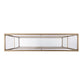 52" Clear and Gold Mirrored Glass and Metal Sled Console Table With Shelf