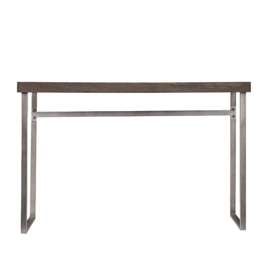 46" Gray Brown and Silver Wood and Metal Distressed Sled Console Table