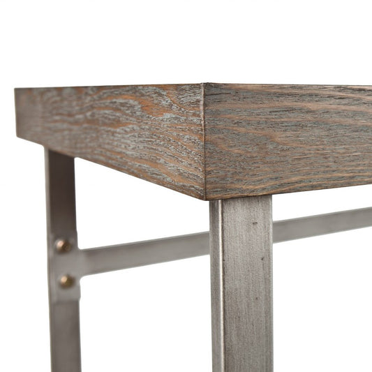 46" Gray Brown and Silver Wood and Metal Distressed Sled Console Table