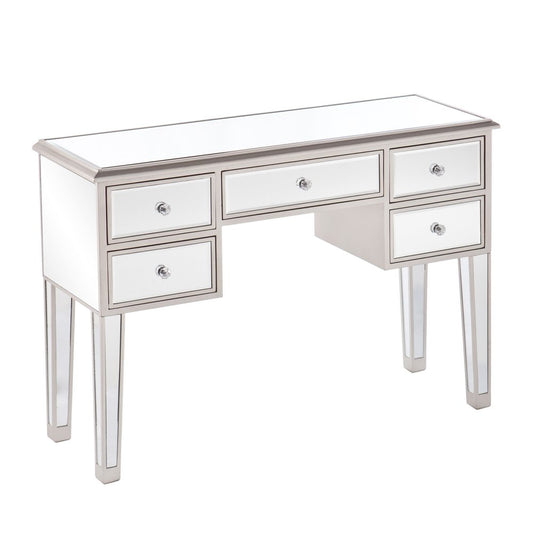 43" Silver Mirrored Glass and Solid Wood Console Table With Five Drawers