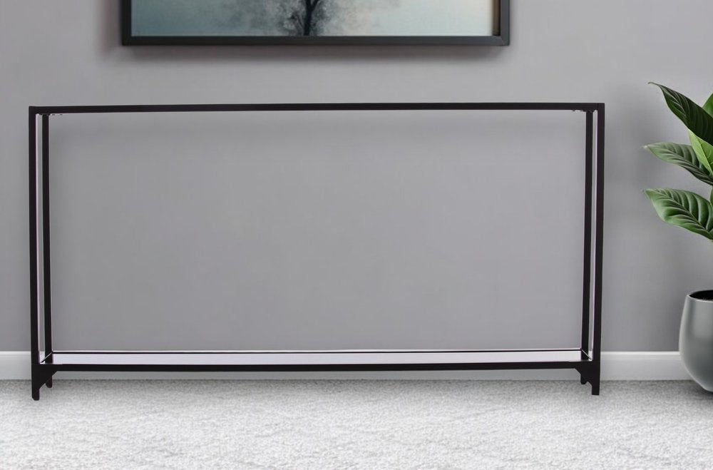 56" Clear and Black Glass Frame Console Table With Shelves