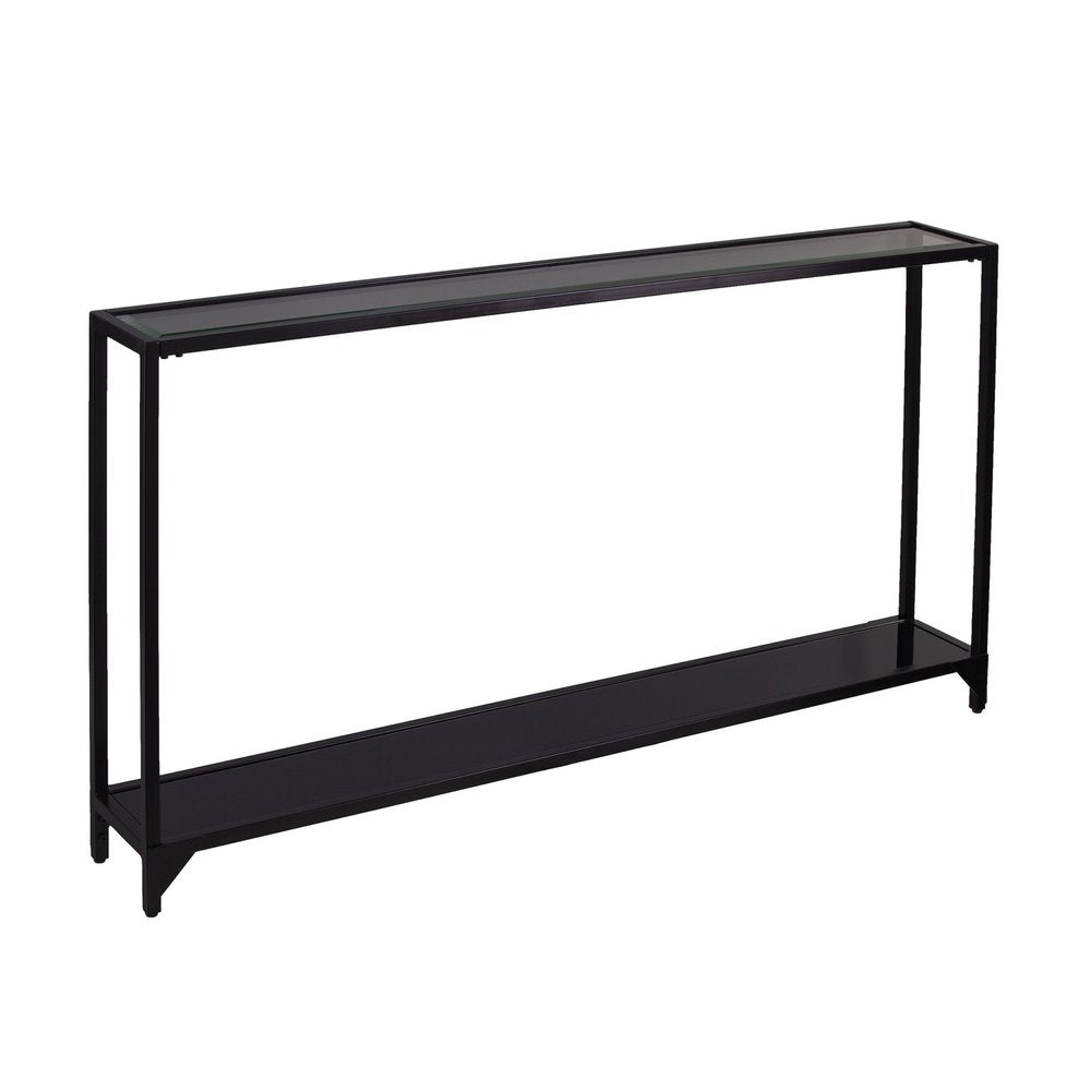 56" Clear and Black Glass Frame Console Table With Shelves