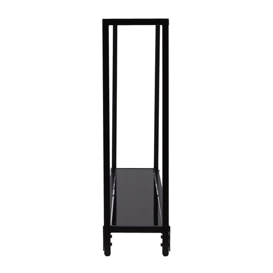 56" Clear and Black Glass Frame Console Table With Shelves