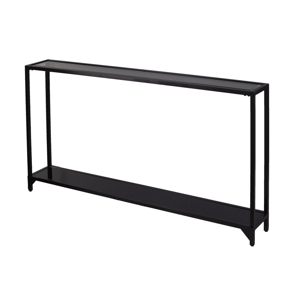 56" Clear and Black Glass Frame Console Table With Shelves
