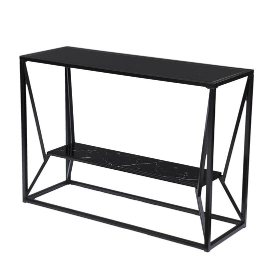 42" Black Glass and Metal A Frame Console Table With Shelf