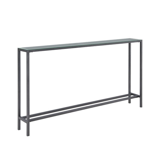 56" Silver and Gunmetal Mirrored Glass and Metal Console Table