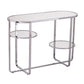 42" Silver Mirrored Glass and Iron Oval Cross Leg Console Table With Two Shelves