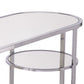 42" Silver Mirrored Glass and Iron Oval Cross Leg Console Table With Two Shelves