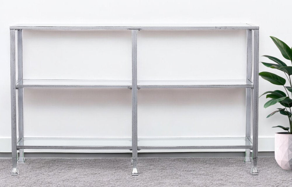 49" Clear and Silver Glass Distressed Frame Console Table With Shelves