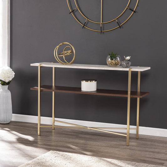 47" White Brass and Brown Faux Marble Console Table With Shelf