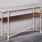 47" White Brass and Brown Faux Marble Console Table With Shelf