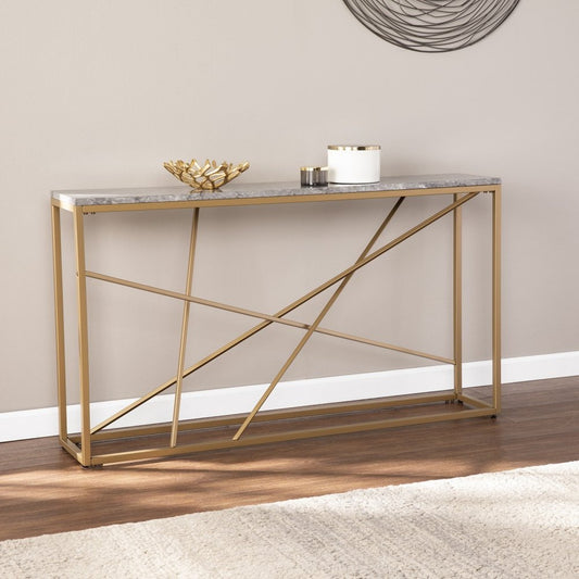 52" Gray and Gold Faux Marble and Metal A Frame Console Table