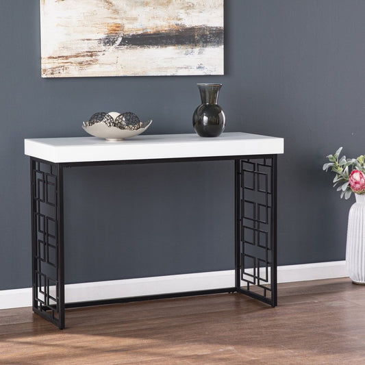 42" White and Black Glass and Metal Sled Console Table