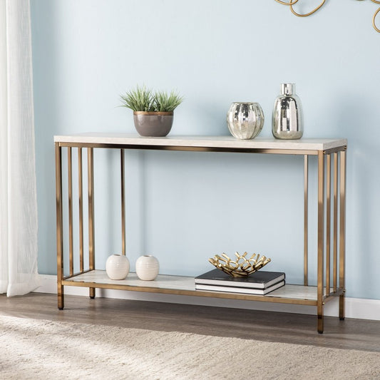 48" Champagne and Gold Faux Stone Floor Shelf Console Table With Storage
