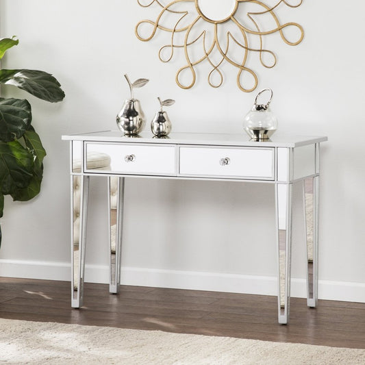 40" Silver Mirrored Glass and Wood Console Table With Two Drawers