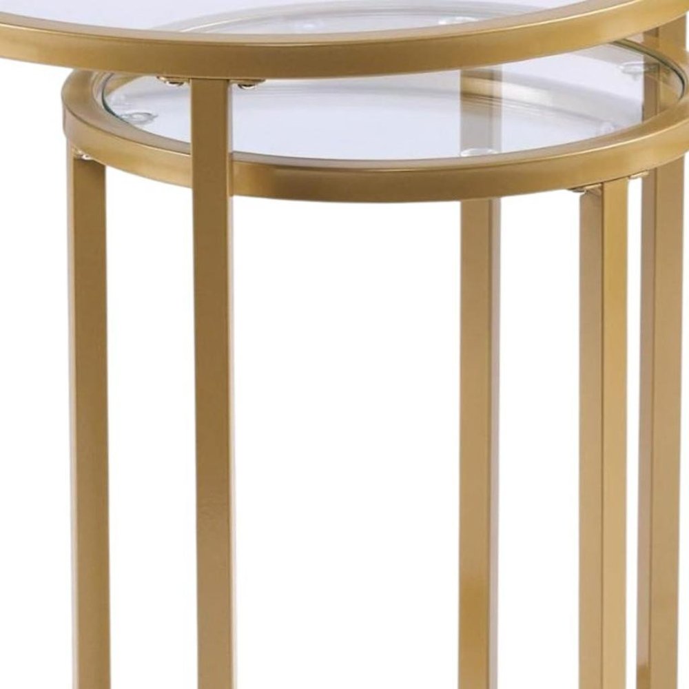 Set Of Two 23" Gold Glass And Steel Round Nested Tables