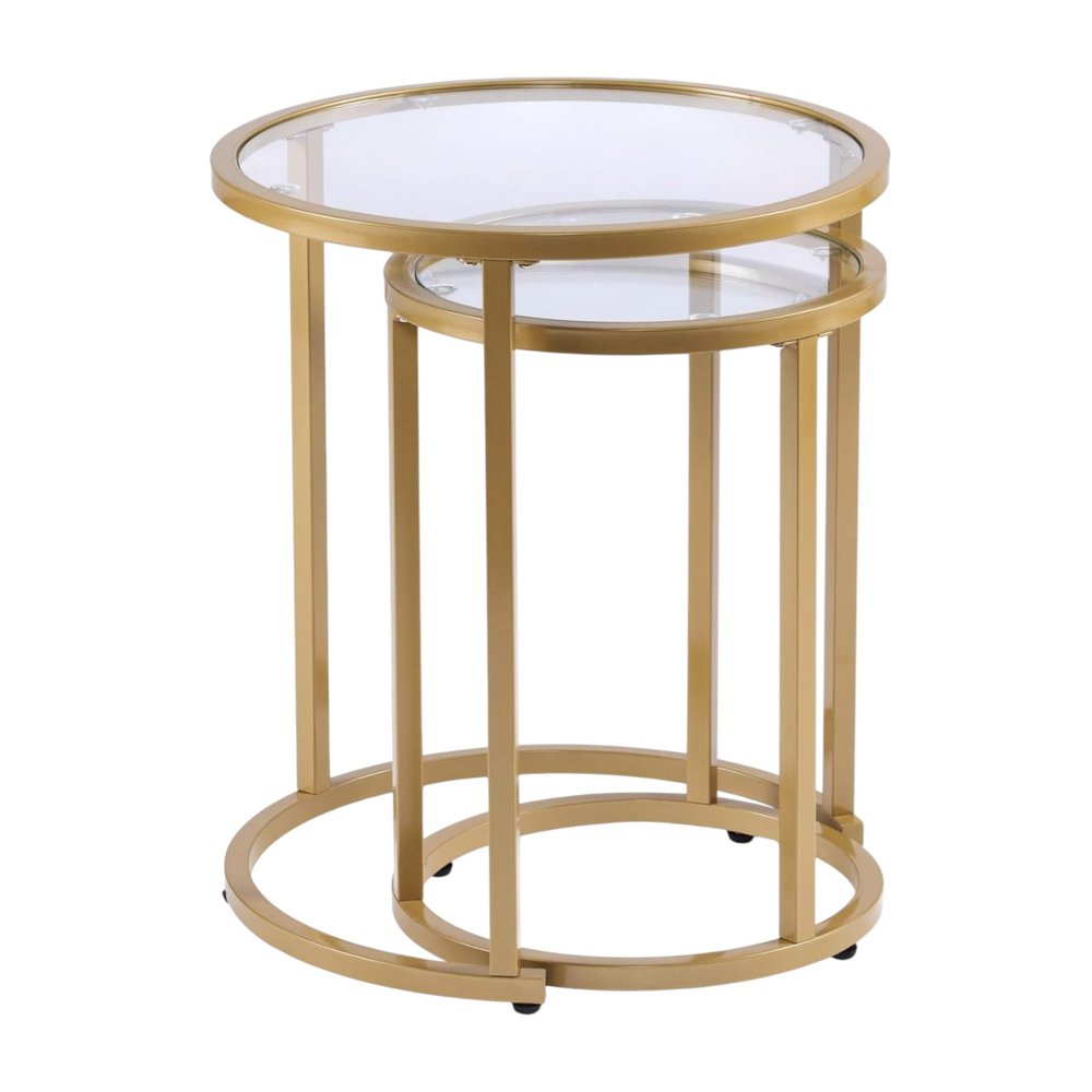 Set Of Two 23" Gold Glass And Steel Round Nested Tables