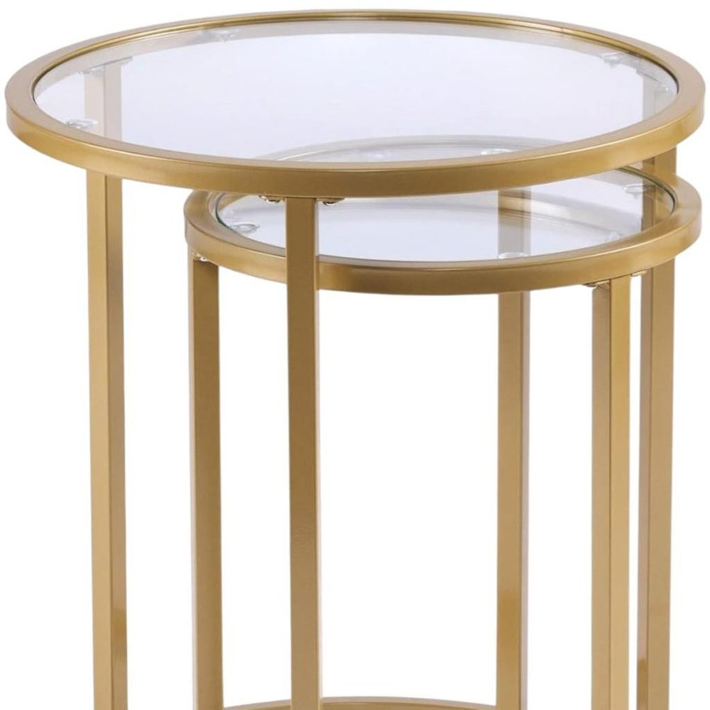 Set Of Two 23" Gold Glass And Steel Round Nested Tables