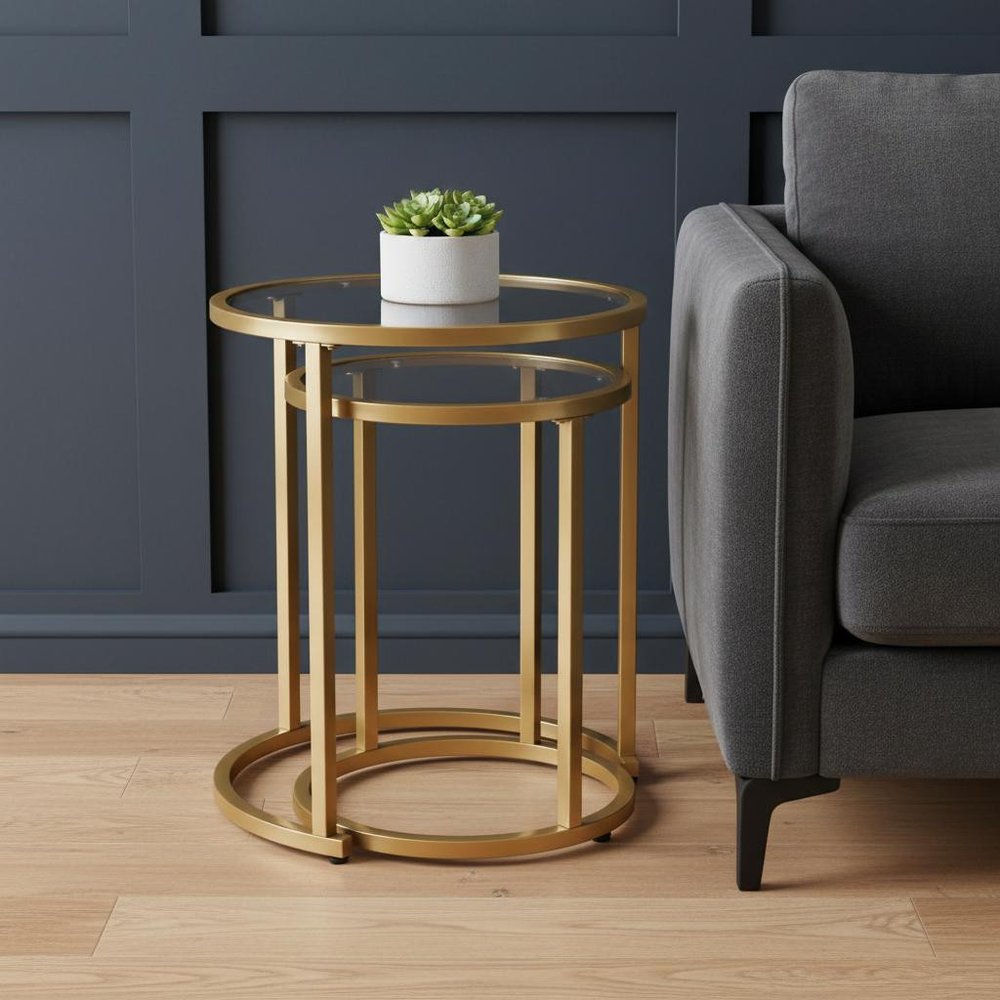 Set Of Two 23" Gold Glass And Steel Round Nested Tables