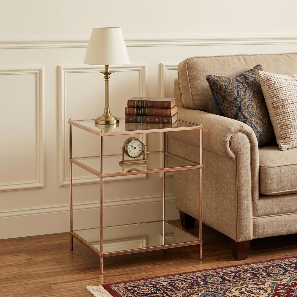 27" Gold And Clear Glass And Iron End Table With Mirrored Shelf